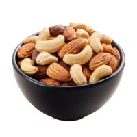 A bowl filled with mixed nuts such as almonds, walnuts, and cashews, isolated on transparent background png