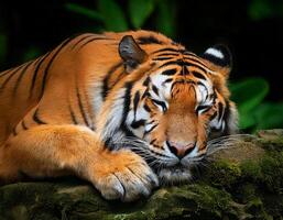 a majestic tiger sleeping peacefully on a moss-covered rock in the jungle with its striped coat blending seamlessly into the lush green surroundings photo