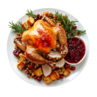 Elegant Christmas turkey roast with stuffing and cranberry sauce, isolated on transparent background png