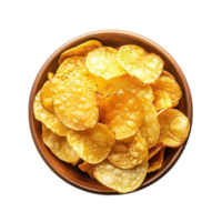 A bowl of golden crispy potato chips arranged perfectly, top view, isolated on transparent background png