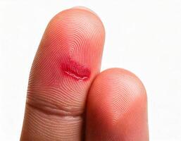 close-up of a shallow paper cut on a finger with redness and detailed texture isolated on white background photo