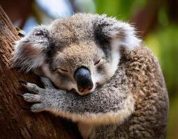 koala sleeping snugly against a tree trunk with claws gently gripping the bark in a natural habitat photo