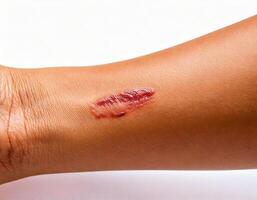 close-up of a fresh cut on a human forearm with slight bleeding and healing process isolated on white background photo