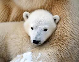 a polar bear cub snuggling against its mother on a snowy and cozy fur background in the Arctic wilderness photo