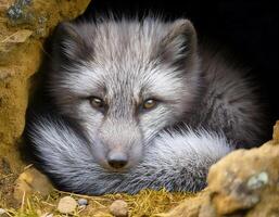 an arctic fox curled up inside its den with intense golden eyes and a fluffy silver tail, blending into the natural rocky surroundings photo