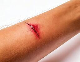 close-up of a fresh scrape wound on the arm caused by falling on rough pavement isolated on white background photo