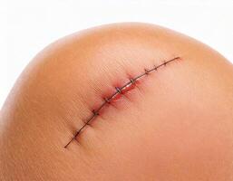 close-up of a surgical incision with stitched edges on skin isolated on white background photo