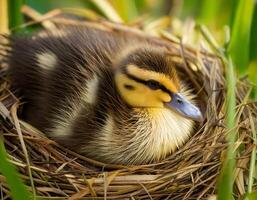 adorable duckling resting in a nest made of soft reeds surrounded by greenery in its natural habitat photo