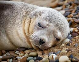 a sleeping seal pup curled up on a sandy beach surrounded by smooth colorful pebbles with a serene and natural coastal setting photo