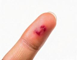 close-up of a small infected cut on the fingertip with redness and swelling isolated on white background photo