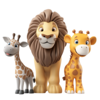 3D Safari Squad Lion, Elephant, and Giraffe in a Row, Isolated on Transparent Background png
