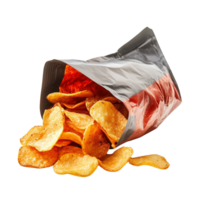Open Spicy Chips Bag with Crispy Chips Falling Out, Isolated on Transparent Background png