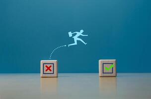 Selecting the correctness, a businessman jumps from the wrong icon to the correct photo