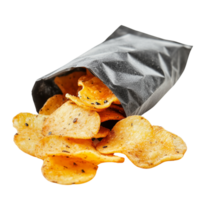 Spicy Chips Bag with Open Top and Chips Spilling, Isolated on Transparent Background png