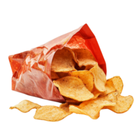 Open Bag of Spicy Chips with Chips Spilling Out, Isolated on Transparent Background png