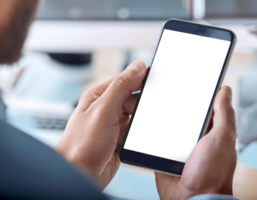 Man Holding Smartphone With Digital Wallet Interface in Modern Office Setting png