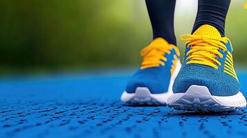 Close-up of vibrant athletic shoes on a blue running track, ideal for fitness and sports. photo