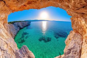 Stunning coastal view through a rocky arch with crystal-clear waters and a bright sun. photo