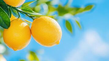 Fresh lemons hanging from a vibrant green tree under a clear blue sky. photo