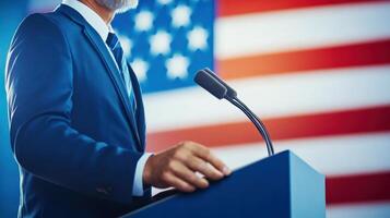 A confident speaker stands before an American flag at a podium during a public address. photo
