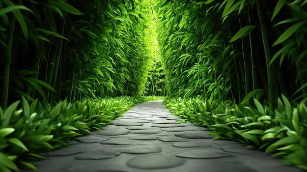 A serene path through lush green bamboo, inviting tranquility and peace. photo