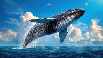 Majestic whale breaching the ocean surface against a vibrant blue sky with fluffy clouds. photo