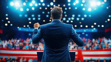 A speaker addresses a large audience under bright stage lights during a presentation. photo