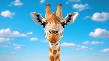 A close-up of a cheerful giraffe against a bright blue sky with fluffy clouds. photo