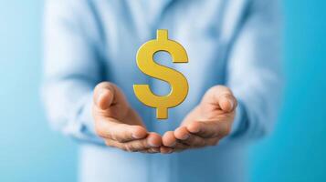 A person holding a dollar sign symbolizing finance and wealth in a modern setting. photo