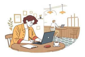 A man is working on his laptop in a cafe vector