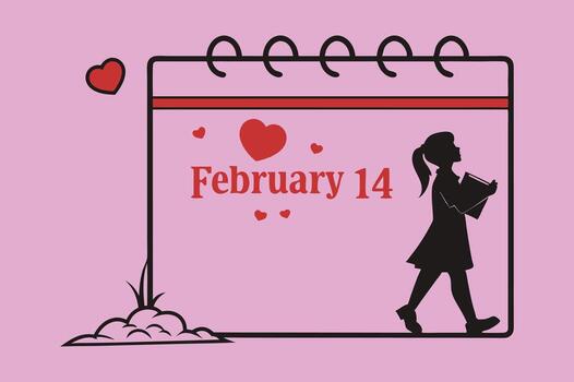 un niña es participación un libro y en pie en frente de un calendario con el fecha febrero vector