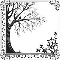 A black and white illustration of a tree with a bird in the middle vector