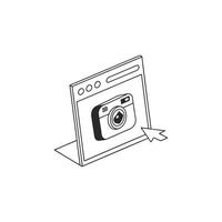 A camera is shown in a frame with a arrow pointing to it vector