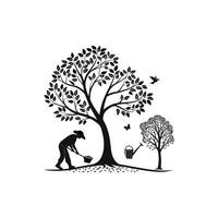 A silhouette of a man watering a tree vector
