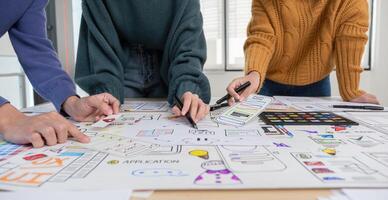 Application development team Brainstorming meeting and discussion to plan the design of ux ui and develop the system of applications on smartphones photo