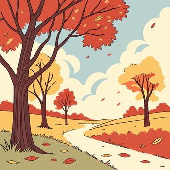 un ilustración de un camino mediante un campo con arboles y hojas vector