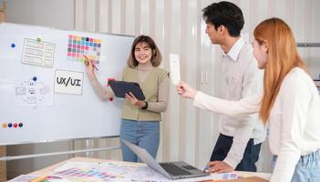 A team of designers helps develop the application system. Brainstorm ideas for making ux ui to develop programs photo