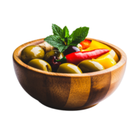A Rustic Bowl of Green Olives Red and Yellow Peppers Ginger and Mint png