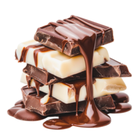 Stack of Chocolate Pieces with Melted Dark Milk and White Chocolate png