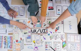 Application development team Brainstorming meeting and discussion to plan the design of ux ui and develop the system of applications on smartphones photo