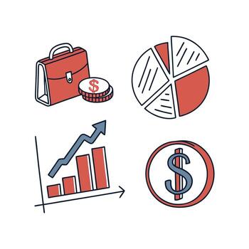 Business icons set with a briefcase, pie chart and a dollar sign vector