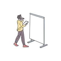 Man standing next to a whiteboard with a tablet vector
