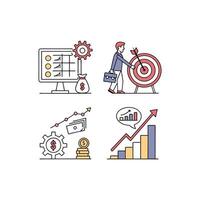 Business icons set with a man holding a target, a computer and a business chart vector