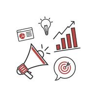 A red and white icon of a megaphone, a light bulb, and a business plan vector