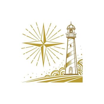 A lighthouse with a star and sun in the background vector