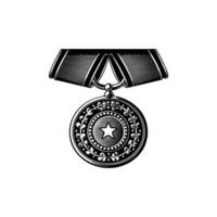 A medal with a star on it is shown in black and white vector