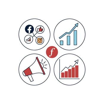 Four icons with social media, graphs and a megaphone vector