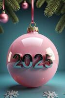 Christmas card with '2025' in gold letters on pink Christmas ornament, surrounded by softly glowing festive lights, creating a celebratory atmosphere. High quality photo
