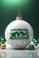 Christmas card with 'Happy New Year 2025' in green letters on white Christmas ball, surrounded by softly glowing festive lights, creating a celebratory atmosphere. High quality photo