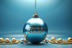 Christmas card with 'Happy New Year 2025' in gold letters on blue Christmas ornament, surrounded by softly glowing festive lights, creating a celebratory atmosphere, with space for text. High quality photo